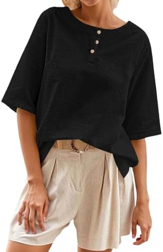 Women s Waffle Knitted top 2025 3 4 Sleeve Casual Button up Shirt Round Neck Shirt Lose Women Shirts