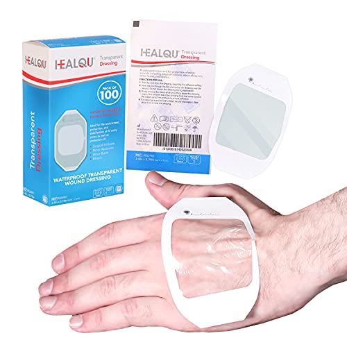 Transparent Film Dressing 2.3 x 2.75 100 Pack Waterproof Adhesive Wound Bandages for Post-Surgical Shower, IV Shield, Tattoo Aftercare, Clear Breathable Dressing Patches by HEALQU