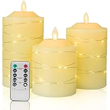 Battery Operated Flameless LED Candles: with Embedded String Lights, 3 Pack Flickering Electric Candle with 10-Key Remote Control for Seasonal Festival Celebration Real Wax(Batteries not Included)