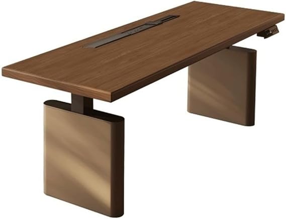 PC Desk Electric Standing Desk with Walnut Top, Adjustable Height Laptop PC with Charging Outlets(L)