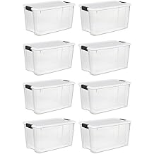 STERILITE 19889804 70 Quart/66 Liter Ultra Latch Box, Clear with a White Lid and Black Latches, 8-Pack
