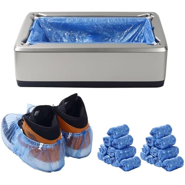 Automatic Shoe Cover Dispenser with 200 Pcs Disposable Shoe Covers, Booties for Portable Machine Fits Size Up to 11 US men or women and up for Home, Factory Silver