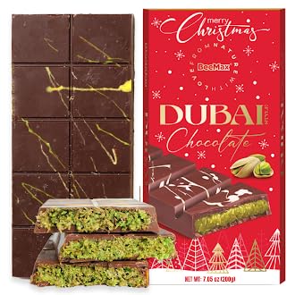 Beemax Limited Edition Christmas Dubai-Style Chocolate Bar (Red), 7 oz (Pack of 1) - Luxurious Middle Eastern Premium Milk Chocolate with Kadayif and Pistachios - Holiday Gift Edition - Imported from Turkey