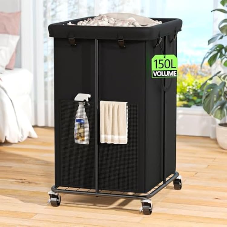 Rolling Laundry Hamper with Wheels 150L Laundry Basket with Removable Bag & Sturdy Metal Frame, Large Tall Dirty Clothes Hampers for Bedroom, Laundry Room, Apartment, Dorm Black