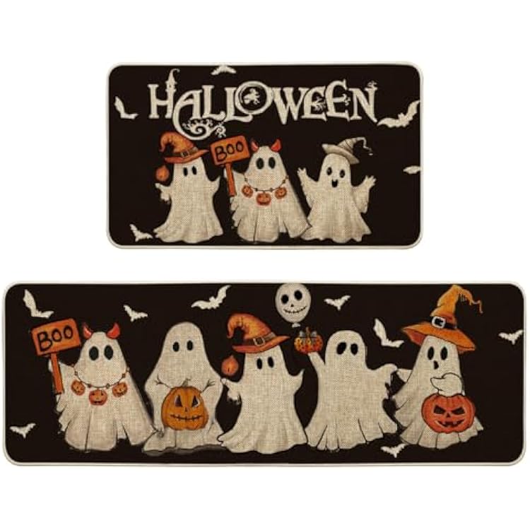 Artoid Mode Ghost Pumpkin Bat Black Halloween Kitchen Mats Set of 2, Black Home Decor Low-Profile Kitchen Rugs for Floor - 17x29 and 17x47 Inch