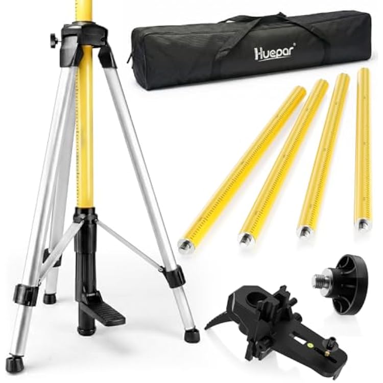 Huepar 12 Ft.3.7m Telescoping Pole with 14-Inch by 20-Inch Laser Mount for Rotary and Line Laser Level, Adjustable Telescoping Pole with Tripod - 58-11 Adapter Nut Included LP36