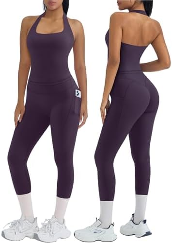 OMKAGI 2 Piece Workout Sets for Women Halter Tops Booty Leggings with Pockets Gym Outfits