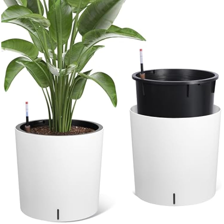 Tall Round Planter Set of 2, 19.5 H x 19.9 Dia Large Planters for Indoor Plants with Built-in Drainage and a Water Level Monitor and Wheels for Patio, Porch, Living Room, or Home Office, White