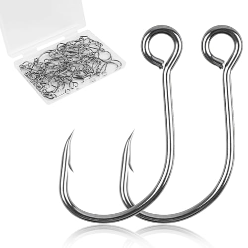 Fishing Inline Single Hooks - 60pcsBox Single Replacement Hooks for Fishing Baits Lures Plugs Large Eye with Barbed for Saltwater Freshwater #4#2# 1# 10 20
