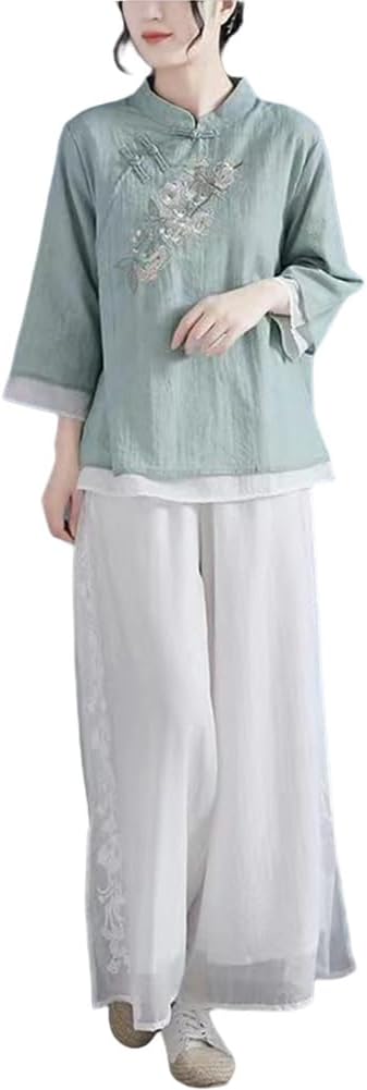 Women's Tops Shirt, Chinese Style, Cotton Linen, Embroidery, Elegant Blouse, Floral Pattern, Long Sleeve, Chinese Clothing, Loose Fit, Chinese Style, Ethnic Style, Spring, Summer, Autumn