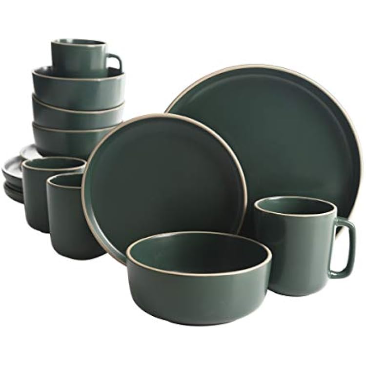 Gibson Home Zuma 16 Piece Round Kitchen Dinnerware Set, Dishes, Plates, Bowls, Mugs, Service for 4, Matte Stoneware, Green