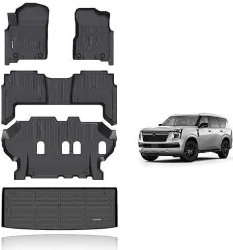 KELCSEECS® Floor Mats & Cargo Liner Custom for 2019-2024 Nissan Armada/Infiniti QX80 8 Seats(Bench Seat) Waterproof All Weather Mats Guard Automotive Liners Full Set Accessories Black