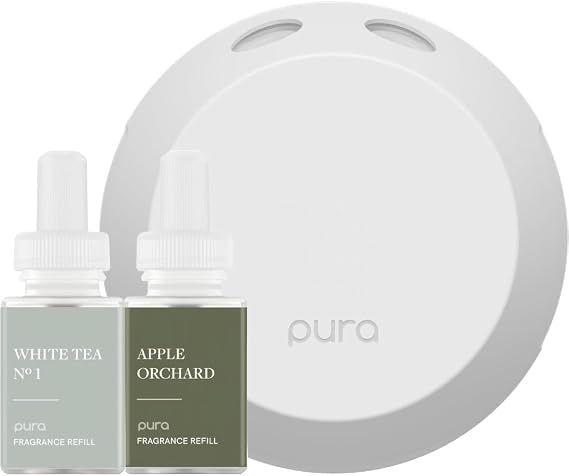 Pura - Smart Home Fragrance Device Starter Set - Pura 4 - Scent Diffuser for Home - Includes Fragrance Aroma Diffuser - Square Box, White Tea No. 1 and Apple Orchards Scent Refills