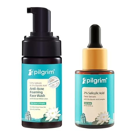 Pilgrim Anti-Acne Combo: Salicylic & Glycolic Acid Foaming Face Wash (120ml) + 2% Salicylic Acid Face Serum (30ml) |Evens Skin Tone & Fights Acne|Reduces Breakouts & Blemishes|For Oily & Acne-Prone Sk