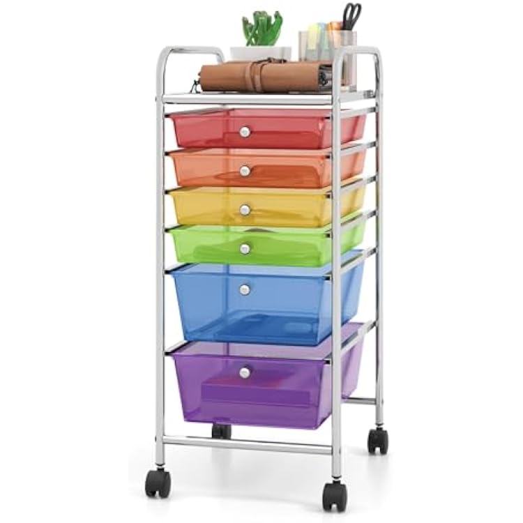 Julimoon Rolling Storage Cart with 6 Drawers,Mobile Storage Drawers Organizer, Multipurpose Plastic Utility Cart with Wheels for Home Office School Garage Rainbow & Clear...