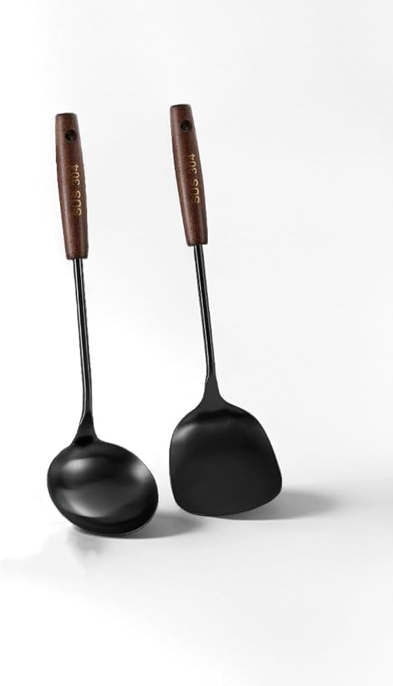 Kitchen Utensil Set, 2-Piece Cooking Tools with Wood Handle, Black (Black)