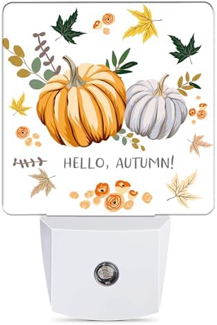 Hello Autumn Night Light, Orange Pumpkins Night Lights Plug into Wall Decor for Bedroom, Bathroom, Hallway, Kitchen, Dusk to Dawn Sensor Nightlights for Boys Girls Women Men Room Gifts
