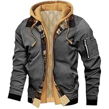 Mens Winter Jacket Coats Double Zip Splicing Plaid Hooded Tactical Work Jacket Casual Fake Two-Piece Multi Pockets