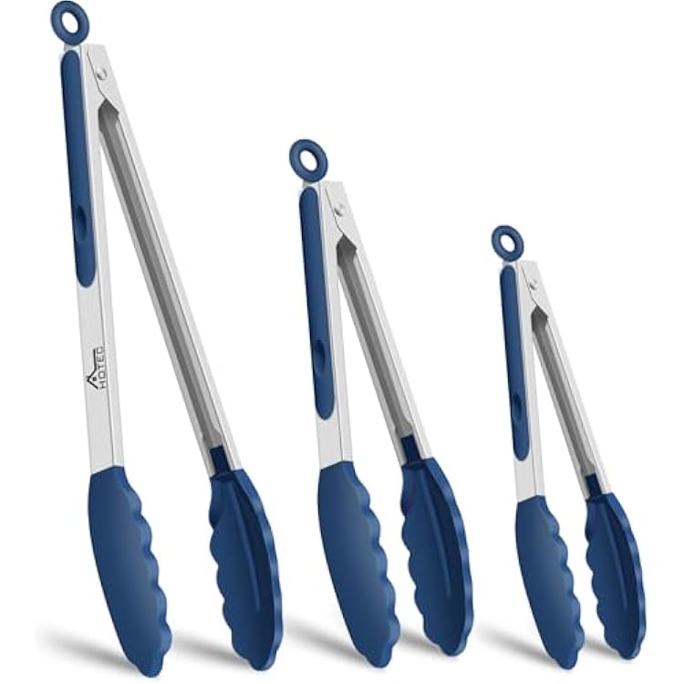 HOTEC Premium Stainless Steel Locking Kitchen Tongs with Silicon Tips, Set of 3-7, 9 and 12 Classic Blue
