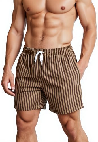 Mens Striped Swim Trunks Bathing Suits Quick Dry Board Shorts Mesh Lining Beach Swimwear with Pockets