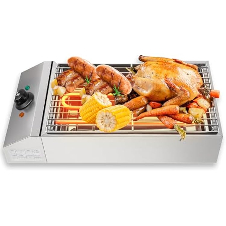 Electric Indoor Grill, Nonstick Cooking Surface 1800W Large Electric Griddle BBQ Grill Adjustable Temperature Knob for Home and Commercial, Silver