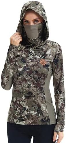 BASSDASH Womens UPF 50 Camo Hunting Hoodie with Neck Gaiter Breathable Performance Long Sleeve Fishing Hooded Tee FS03W