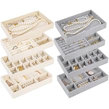 Velvet Jewelry Organizer for Drawer, Stackable Jewelry Storage Trays in Dresser, Small Drawer Inserts Display Case for Rings Stud Necklaces(Beige+Grey)