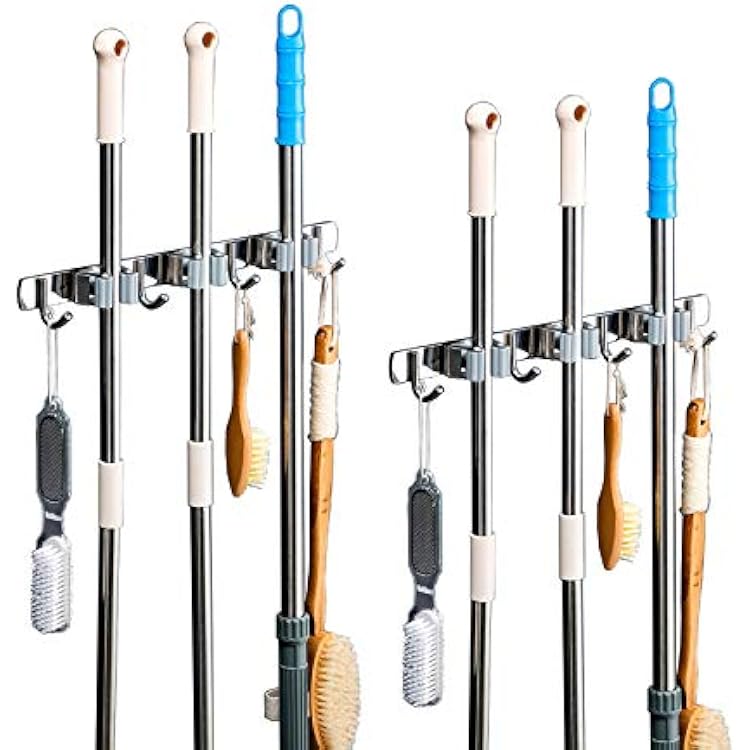 DGSL 2 PCS Broom Holder Wall Mount with 3 Racks 4 Hooks, Stainless Steel Wall Mounted Organizer Mop and Broom Storage Tool Rack for Home Kitchen Garden