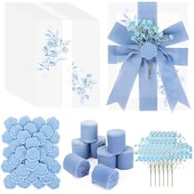 HOMIEE 50 Sets Wedding Invitations Wraps Set for 5 x 7 Inch Invitations, Pre Folded Vellum Jackets, Mini Dried Flowers, Wax Seal Stickers, Chiffon Silk Ribbon for Craft DIY (Blue)