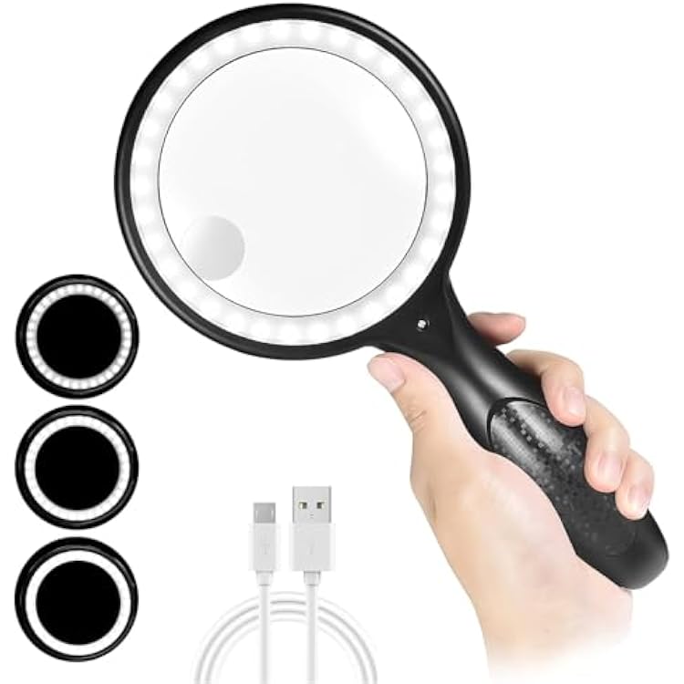 Large Magnifying Glass with Lights, 60X 30X Handheld Lighted Magnifier, 33 LED Bright Page Magnifier LED Lights, Magnifying Glass for Reading Small Prints & Low Vision Seniors with Aging Eyes