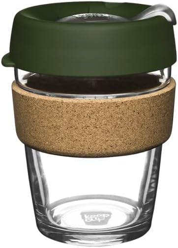 KeepCup Brew Cork - 12oz/340ml Tempered Glass Reusable Coffee Cup/Travel Mug, Natural Cork Band with Splashproof Press Fit Lid - Pine