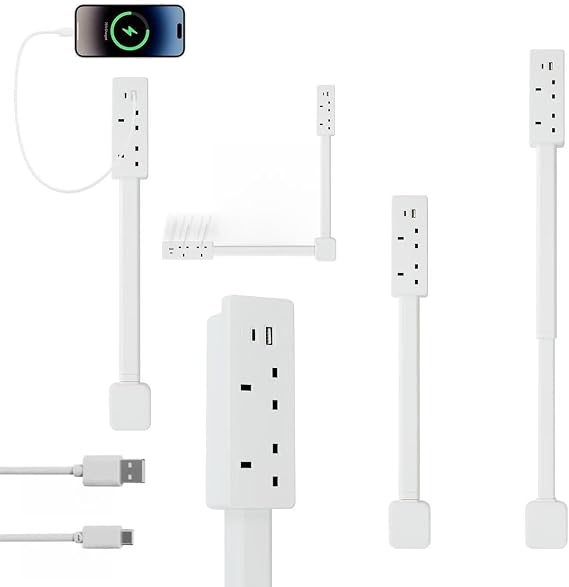 Extendable Rotating Power Socket Extender with USB-A & USB-C Ports, 2 AC Outlets, 180° Rotatable & Adjustable 19.5-28.2 Inch for Hard-to-Reach Spaces, Behind Sofas, Desks & Nightstands