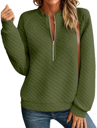 Womens Half Zip Up Quilted Sweatshirt Lightweight Stand Collar Long Sleeve Shirt Top Loose Trendy Textured Pullover Tops