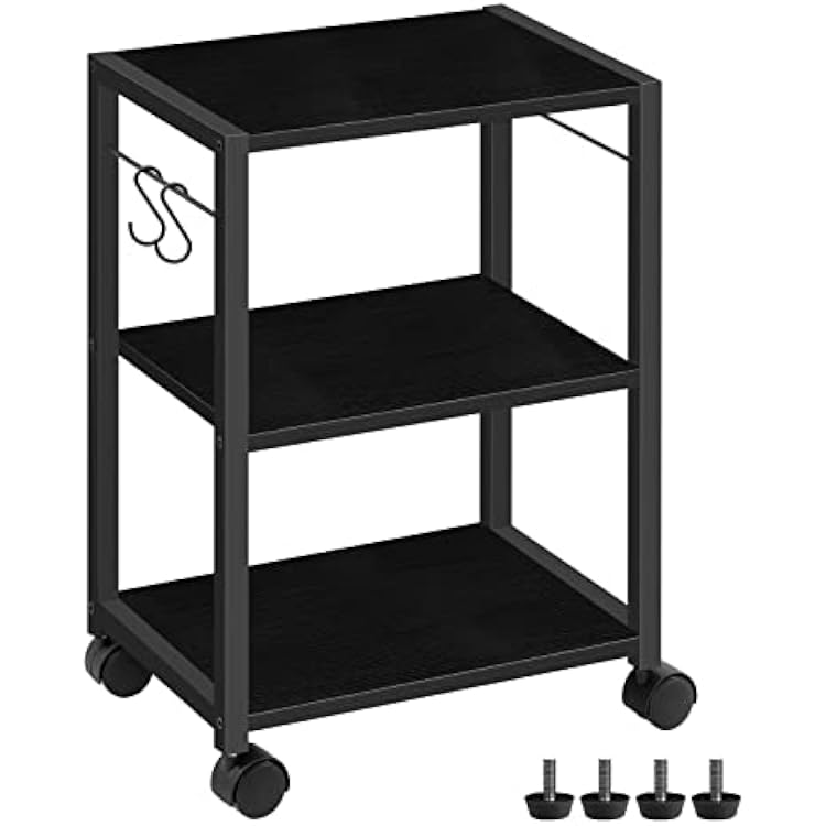 MAHANCRIS Printer Stand, 3-Tier Under Desk Rolling Cart with Storage Shelf, Heavy Duty Printer Table with Wheels for Home Office, Printer Shelf with 2 Hooks, for Small Spaces, Black PTHB4001V