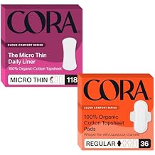 Cora Organic Cotton Feminine Care Bundle | 118 Micro Thin Daily Panty Liners and 36 Ultra Thin Regular Absorbency Period Pads with Wings | Unscented
