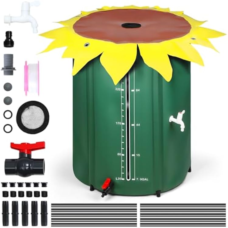 100 Gallon Collapsible Rain Barrel, Portable Water Storage Tank, Sunflower Design Collapsible Rainwater Collection Barrel, Water Catcher Container with Spigot and Filtration Kit Green