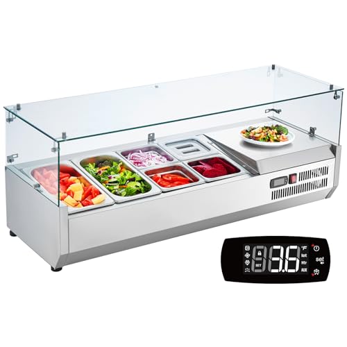 VEVOR Condiment Prep Rail Station, 135 W Countertop Refrigerated Condiment Station, with 2 13 4 16 Pans, 304 Stainless Body and PC Lid, Sandwich Prep Table with Glass Guard, ETL, Silver