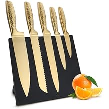 Kitchen Knife Set, 6 Piece Professional Knife Set with Magnetic Block Holder, High Carbon Stainless Steel Sharp Knives Set for Kitchen,Ergonomic Hammer Handle,Wooden Magnetic Knife Holder (Gold)