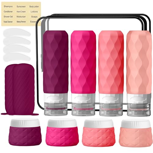 16Pack Travel Bottles for Toiletries, TSA Approved Travel Size Toiletries Containers Set, Silicone Leak Proof Refillable Bottles Elastic Sleeves Creams Jars Accessories Kit WClear Bag Purplish Red