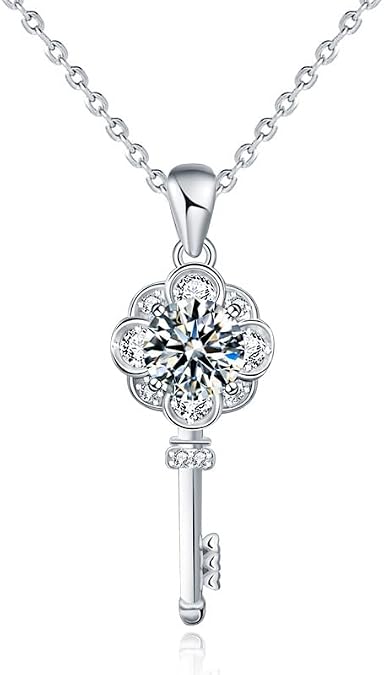 StarGems 1ct Moissanite 925 Silver Platinum Plated&Zirconia Key-Shape Necklace B4620