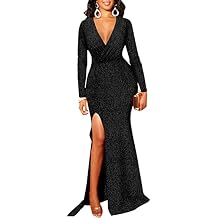 Women's Formal Long Sleeve Sparkly Maxi Dress V-Neck High Slit Wrap Sexy Gown Cocktail Glitter Maxi Long Dresses