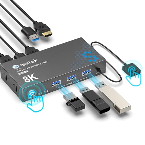 USB 3.0 HDMI KVM Switch 1 Monitor 2 Computers, 8K@60Hz KVM Switches for 2 Computers Sharing Monitor Keyboard Mouse Hard Drives Printer,with EDID Adaptive,2USB Cable and Controller -S7229H