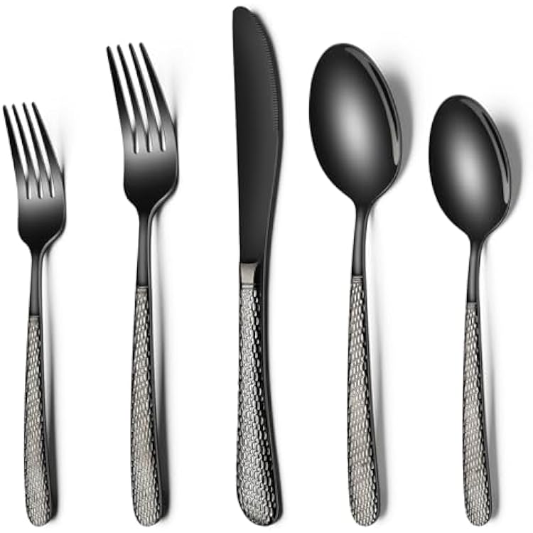 Black Hammered Silverware Set, 20-Piece Stainless Steel Heavy Duty Flatware Set for 4, Food-Grade Tableware Cutlery Set, Utensil Sets for Home Restaurant, Mirror Finish