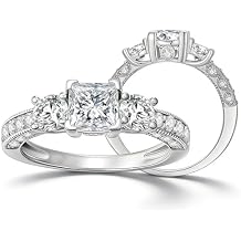 Blocaci Princess Cut Engagement Rings for Women Platinum Plated Silver 1-3/4 Carat(ctw) 3 Stone Moissanite Engagement Rings Vintage Women's Promise Ring