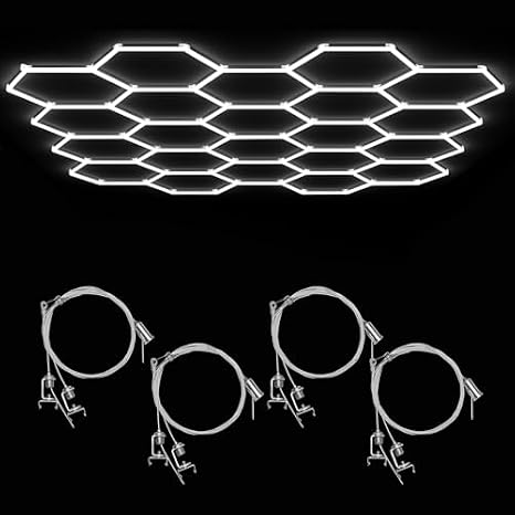 Glitgate Hexagon LED Garage Light and Suspension Cable Kit Bundle for Car Detailing & Workshop, 581W 63910LM 6500K 22-Grid Honeycomb System with 4FT Adjustable Wire