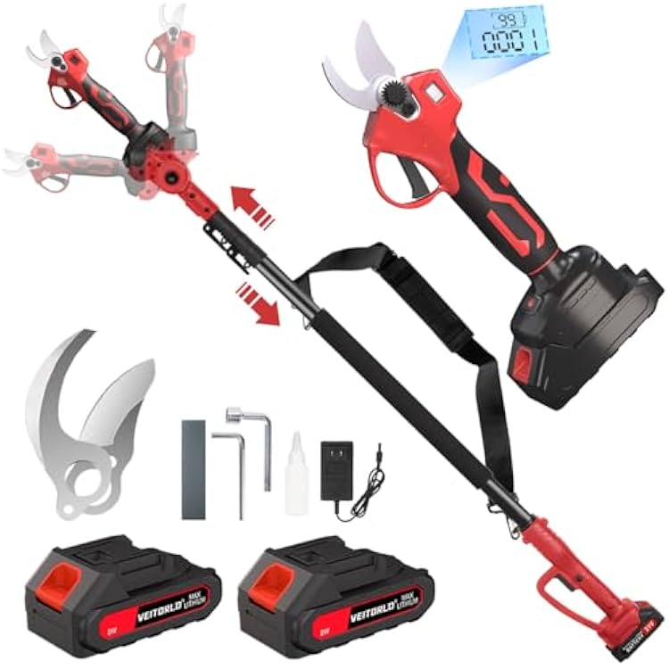 VEITORLD 2-IN-1 Cordless Electric Pole Pruning Shears, 15ft Reach, 1.2 Cutting Diameter, Battery Powered with 2x 2000mAh, Brushless Motor for Efficient Garden Tree Trimming, Branch CuttingRed