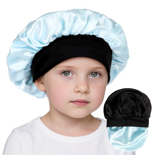 Kids Bonnets for Girls Silk Bonnet for Kids Double Layer Satin Bonnet Adjustable Toddler Sleep CapBlack and Light Blue