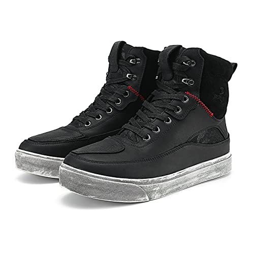 BORLENI Cowhide Leather Motorcycle Shoes for Men- Reinforced Street Waterproof Motorcycle Riding Boots with Side Zipper Ankle Support, Anti-Slip Sole Casual Breathable Powersports Shoes Black 8.5