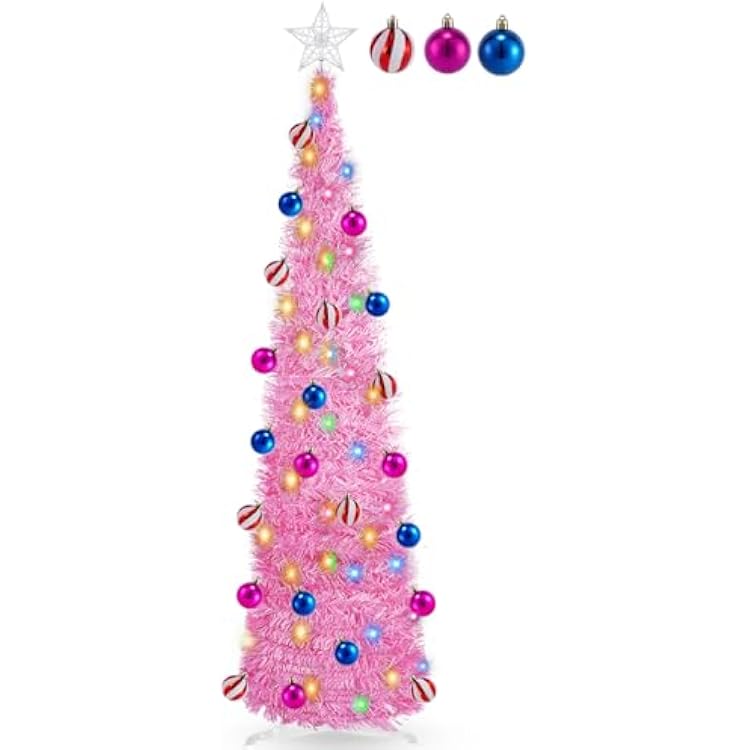 5FT Pink Valentines Day Tree Decor Timer 60 Warm White & Multi Color Change Lights, Pop Up Tinsel Valentines Tree with 25 Ball Ornaments for Xmas Tree Home Indoor Decoration - Pink