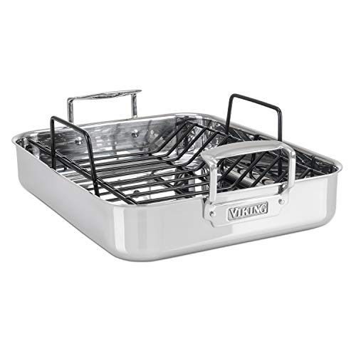 Viking 3-Ply Stainless Steel Roasting Pan with Non Stick Rack, 16 x 13 Inch Kitchen Cookware, Great for Turkey, Dishwasher and Oven Safe, Induction Ready, Silver
